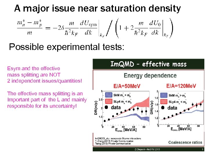 A major issue near saturation density Possible experimental tests: Esym and the effective mass