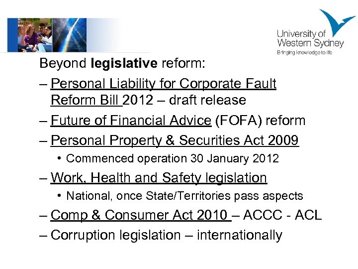 Beyond legislative reform: – Personal Liability for Corporate Fault Reform Bill 2012 – draft