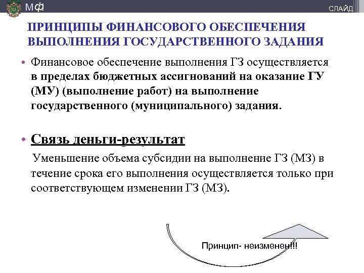 М ф] СЛАЙД ПРИНЦИПЫ ФИНАНСОВОГО ОБЕСПЕЧЕНИЯ ВЫПОЛНЕНИЯ ГОСУДАРСТВЕННОГО ЗАДАНИЯ • Финансовое обеспечение выполнения ГЗ