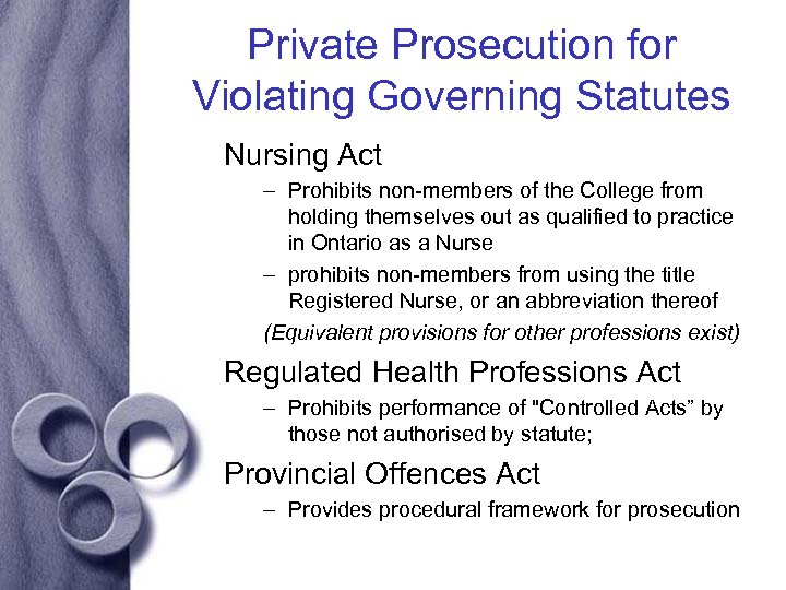 Private Prosecution for Violating Governing Statutes Nursing Act – Prohibits non-members of the College