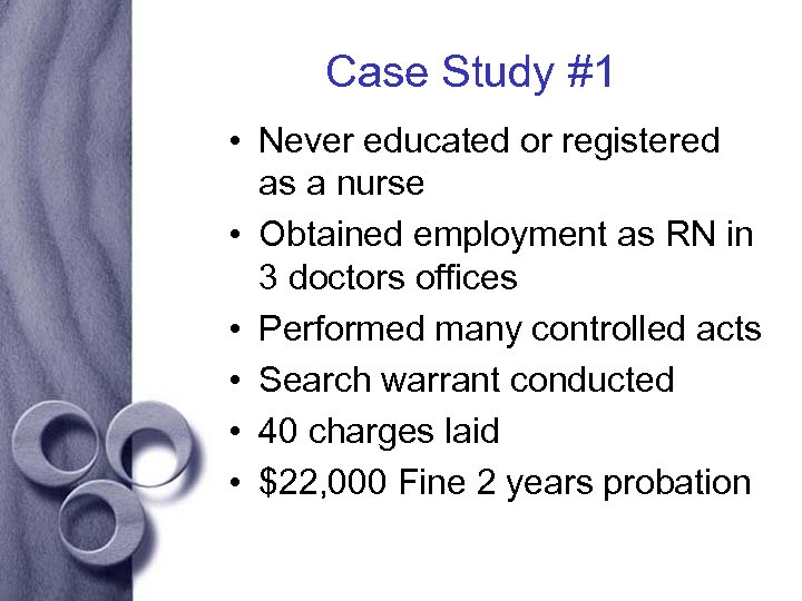 Case Study #1 • Never educated or registered as a nurse • Obtained employment