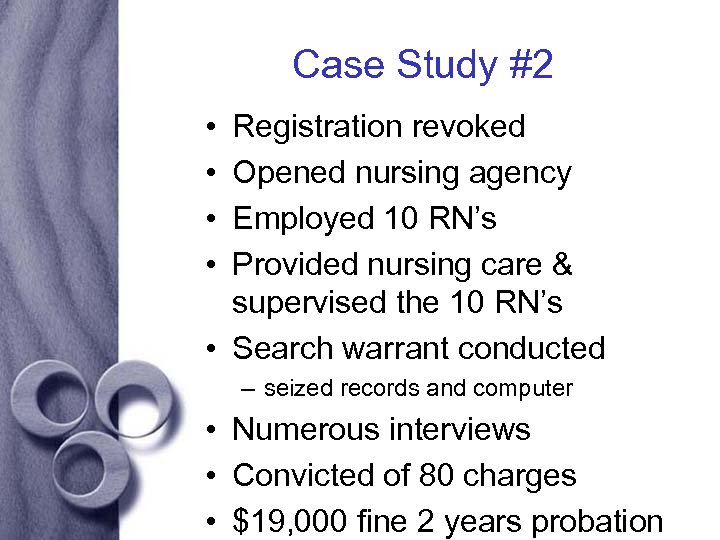 Case Study #2 • • Registration revoked Opened nursing agency Employed 10 RN’s Provided