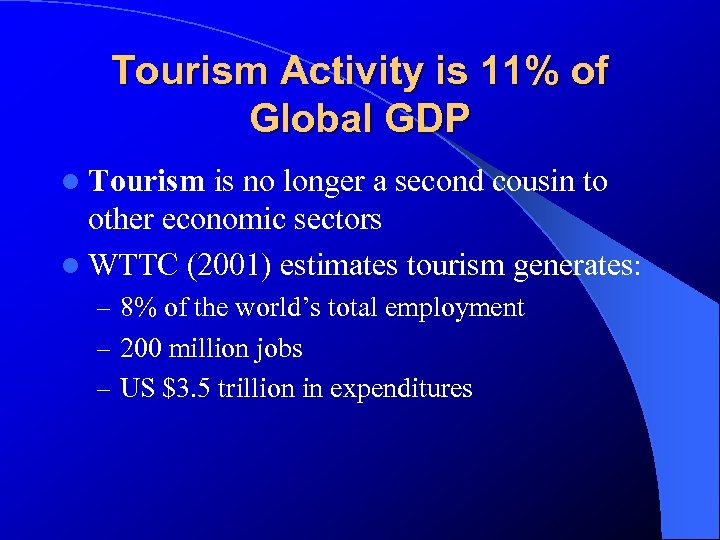 Tourism Activity is 11% of Global GDP l Tourism is no longer a second