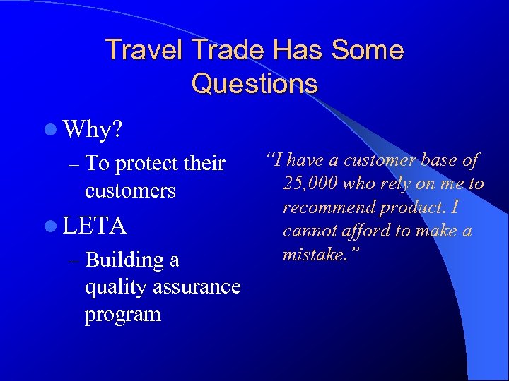 Travel Trade Has Some Questions l Why? – To protect their customers l LETA