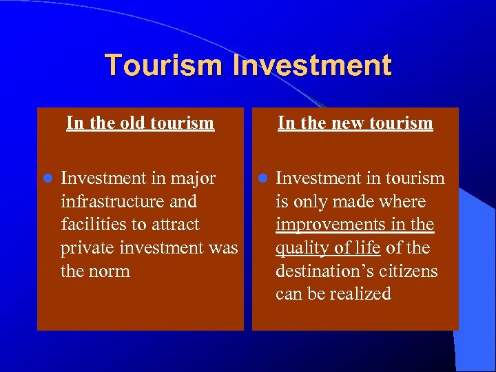 Tourism Investment In the old tourism l In the new tourism Investment in major