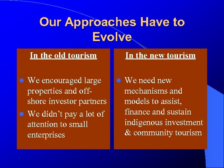 Our Approaches Have to Evolve In the old tourism We encouraged large properties and