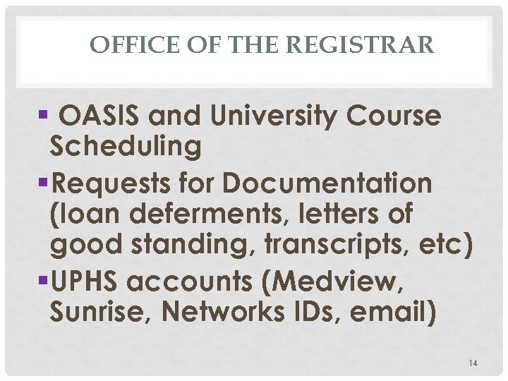 OFFICE OF THE REGISTRAR § OASIS and University Course Scheduling §Requests for Documentation (loan