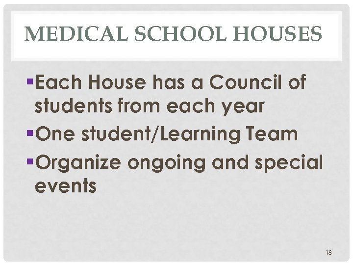 MEDICAL SCHOOL HOUSES §Each House has a Council of students from each year §One