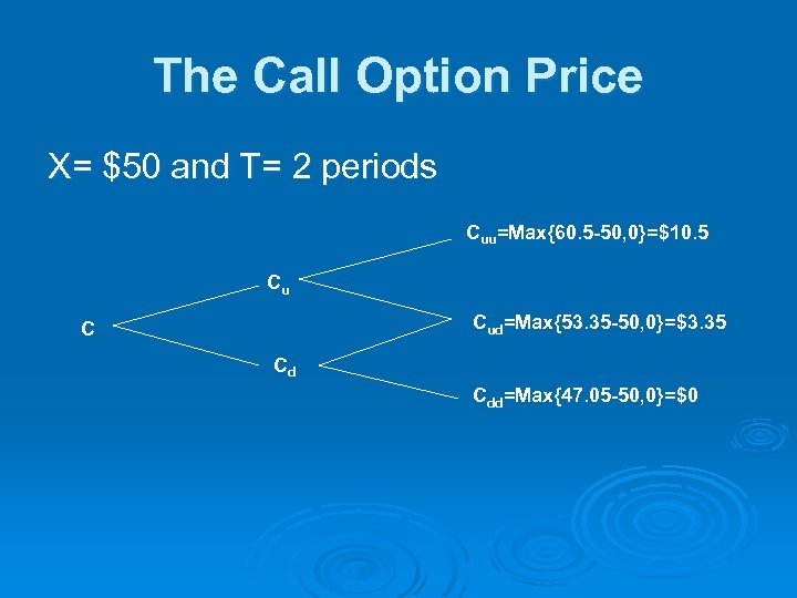 The Call Option Price X= $50 and T= 2 periods Cuu=Max{60. 5 -50, 0}=$10.