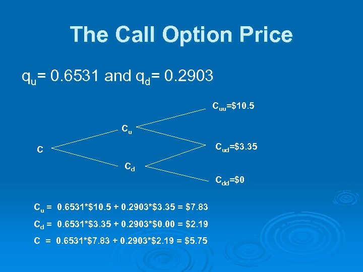 The Call Option Price qu= 0. 6531 and qd= 0. 2903 Cuu=$10. 5 Cu