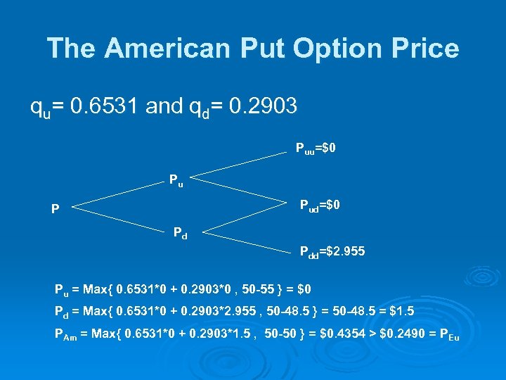 The American Put Option Price qu= 0. 6531 and qd= 0. 2903 Puu=$0 Pu