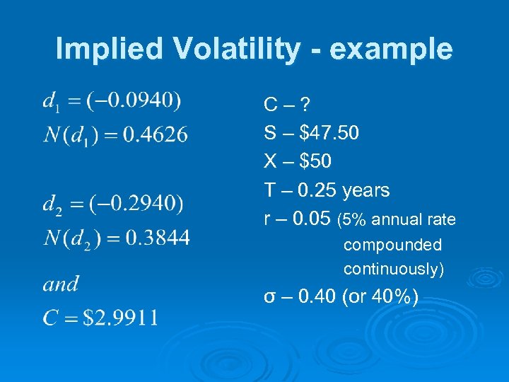 Implied Volatility - example C–? S – $47. 50 X – $50 T –