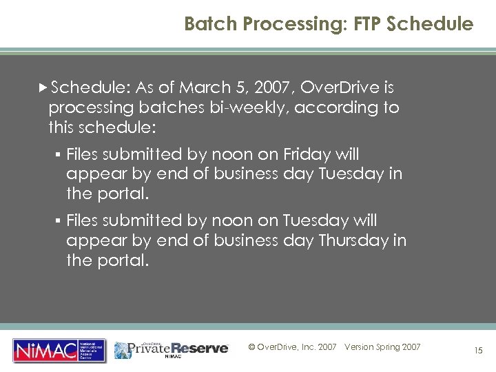 Batch Processing: FTP Schedule: As of March 5, 2007, Over. Drive is processing batches