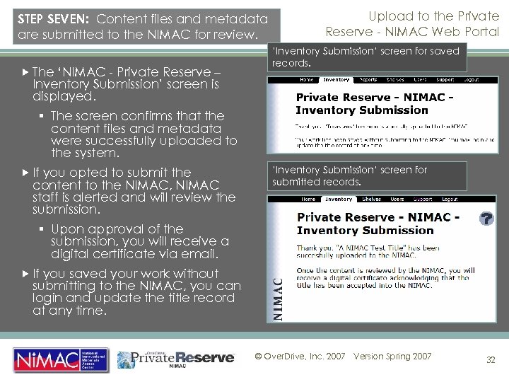 STEP SEVEN: Content files and metadata are submitted to the NIMAC for review. The
