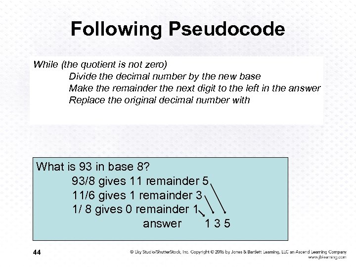 Following Pseudocode While (the quotient is not zero) Divide the decimal number by the