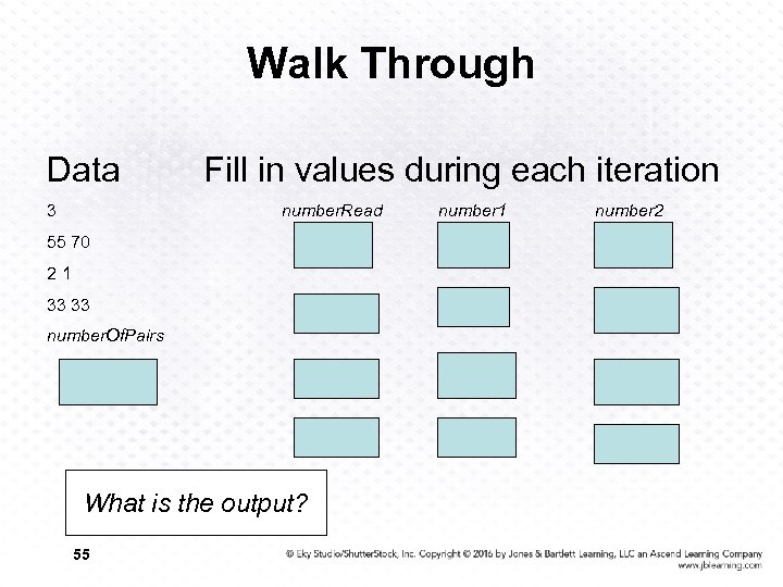 Walk Through Data 3 Fill in values during each iteration number. Read 55 70