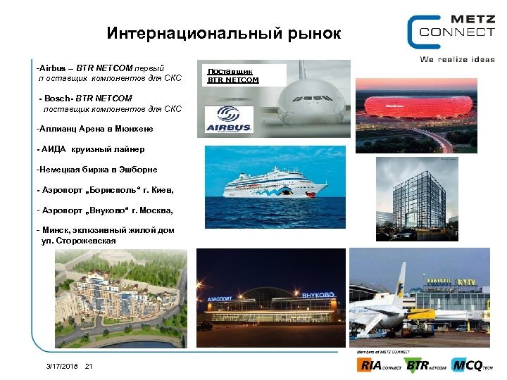 Интернациональный рынок -Аirbus – BTR NETCOM первый п оставщик компонентов для СКС - Bosch-