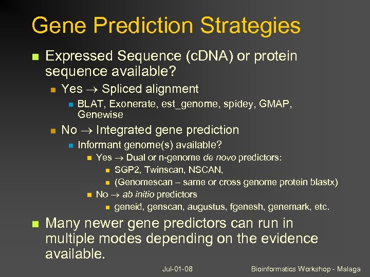 Gene Prediction Strategies Expressed Sequence (c. DNA) or protein sequence available? Yes Spliced alignment