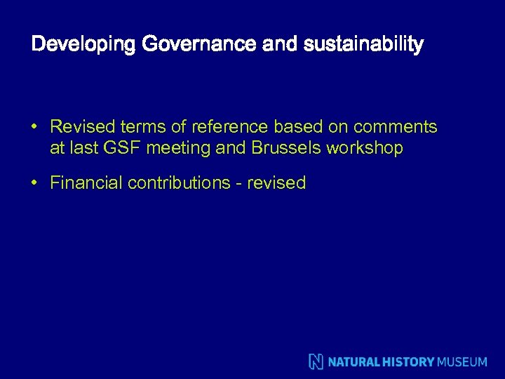 Developing Governance and sustainability • Revised terms of reference based on comments at last