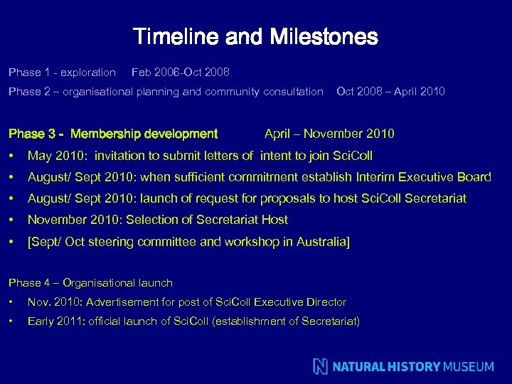 Timeline and Milestones Phase 1 - exploration Feb 2006 -Oct 2008 Phase 2 –