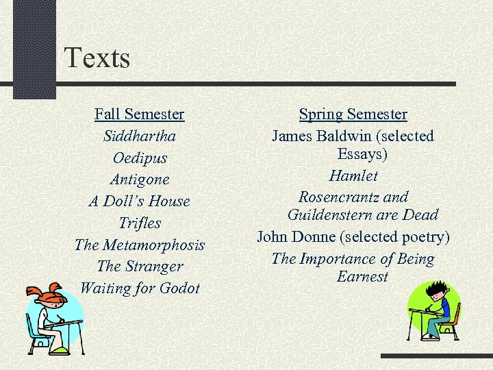 Texts Fall Semester Siddhartha Oedipus Antigone A Doll’s House Trifles The Metamorphosis The Stranger