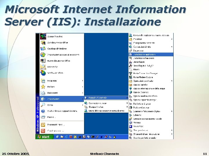 Microsoft Internet Information Server (IIS): Installazione 25 Ottobre 2005 Stefano Clemente 11 