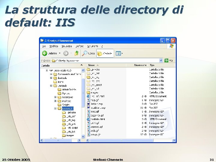 La struttura delle directory di default: IIS 25 Ottobre 2005 Stefano Clemente 31 