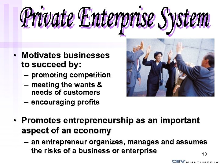 Private Enterprise System • Motivates businesses to succeed by: – promoting competition – meeting
