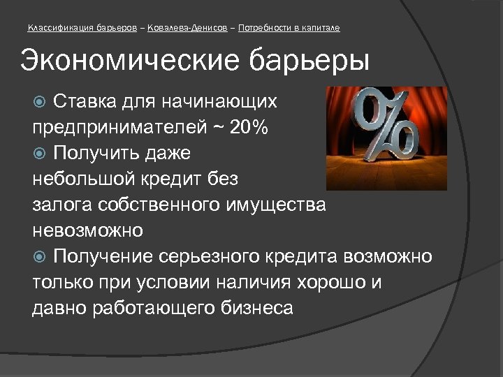 Классификация барьеров – Ковалева-Денисов – Потребности в капитале Экономические барьеры Ставка для начинающих предпринимателей