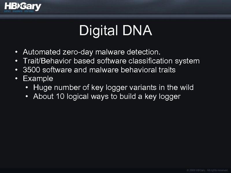 Digital DNA • • Automated zero-day malware detection. Trait/Behavior based software classification system 3500