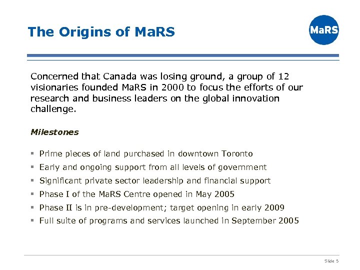 The Origins of Ma. RS Concerned that Canada was losing ground, a group of