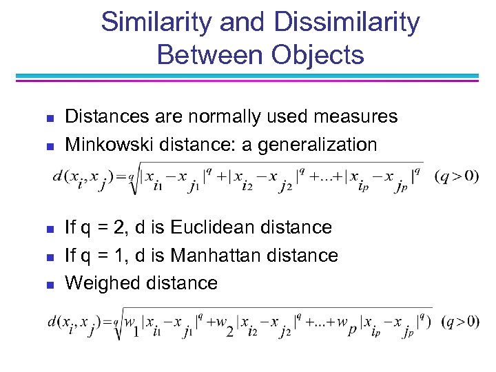 Similarity and Dissimilarity Between Objects n n n Distances are normally used measures Minkowski