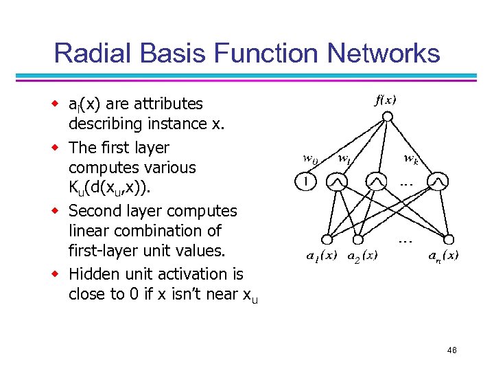 Radial Basis Function Networks w ai(x) are attributes describing instance x. w The first