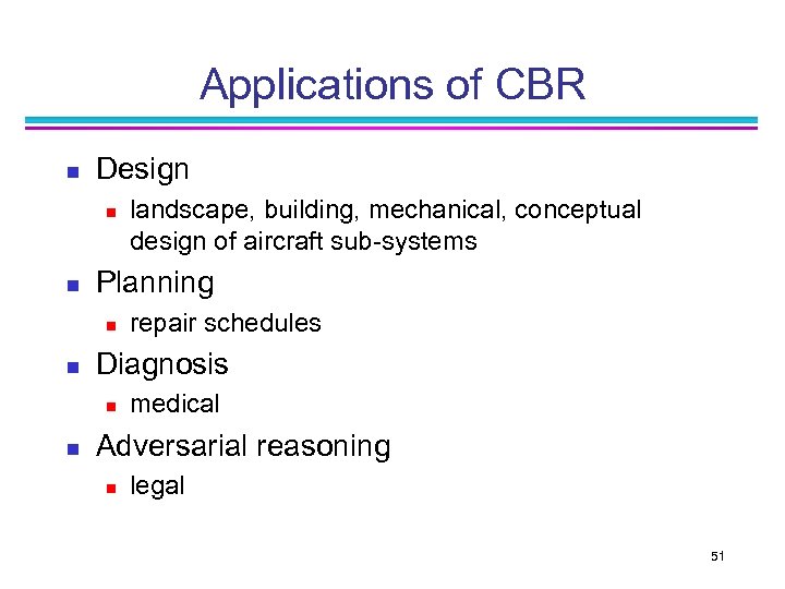 Applications of CBR n Design n n Planning n n repair schedules Diagnosis n