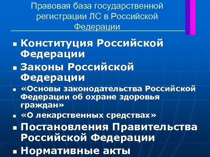 Правовая база государственной регистрации ЛС в Российской Федерации n n n Конституция Российской Федерации