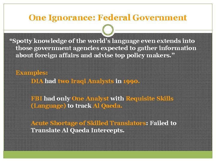 One Ignorance: Federal Government “Spotty knowledge of the world’s language even extends into those