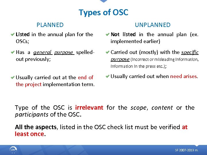 Types of OSC PLANNED UNPLANNED Listed in the annual plan for the OSCs; Not