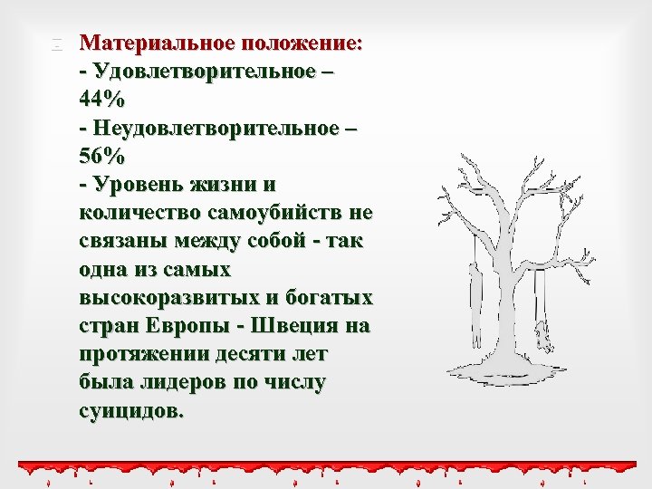  Материальное положение: - Удовлетворительное – 44% - Неудовлетворительное – 56% - Уровень жизни