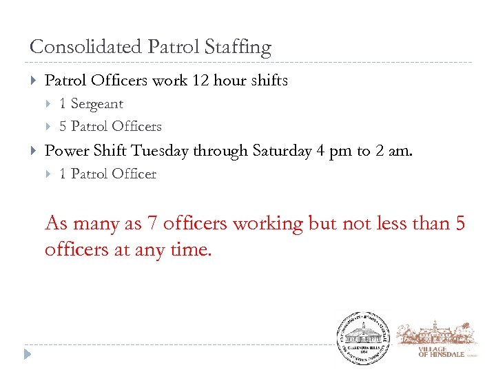 Consolidated Patrol Staffing Patrol Officers work 12 hour shifts 1 Sergeant 5 Patrol Officers