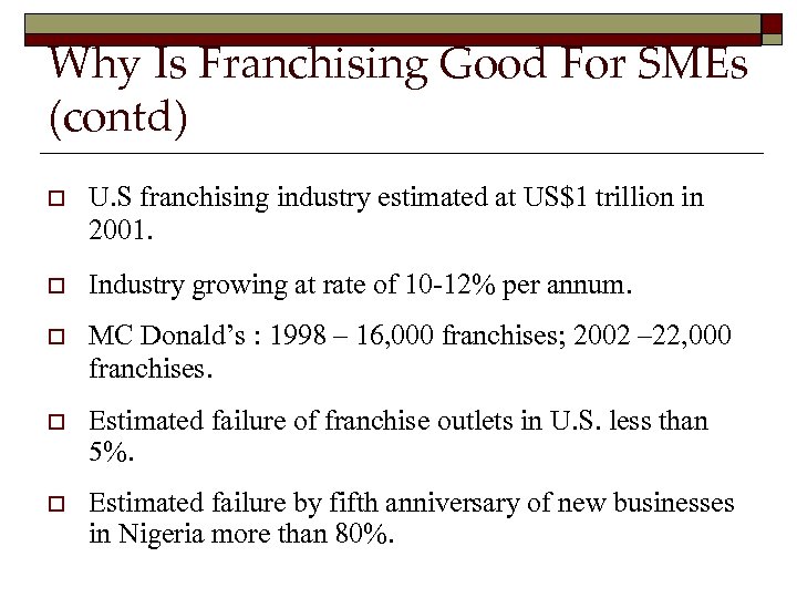 Why Is Franchising Good For SMEs (contd) o U. S franchising industry estimated at
