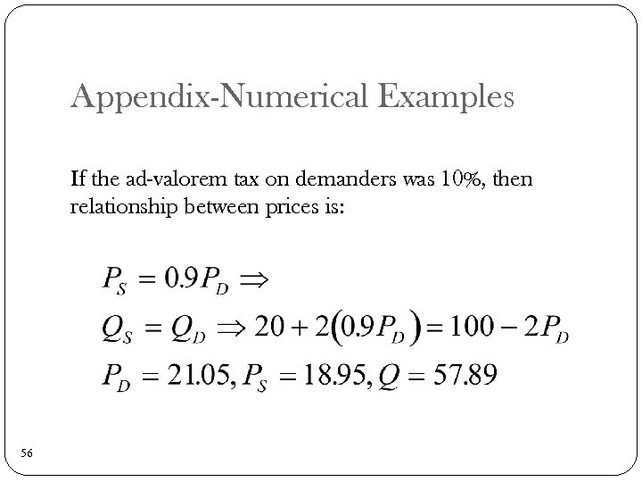 Appendix-Numerical Examples If the ad-valorem tax on demanders was 10%, then relationship between prices