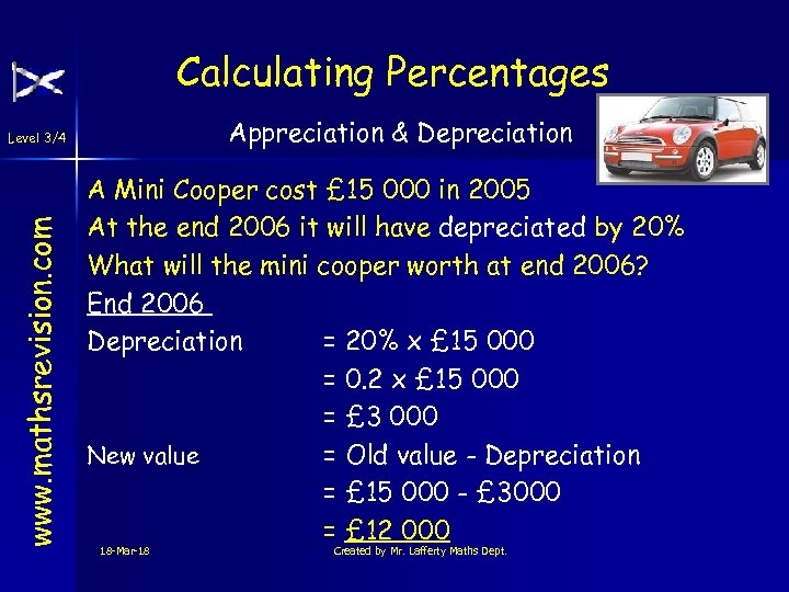 Calculating Percentages Appreciation & Depreciation www. mathsrevision. com Level 3/4 A Mini Cooper cost