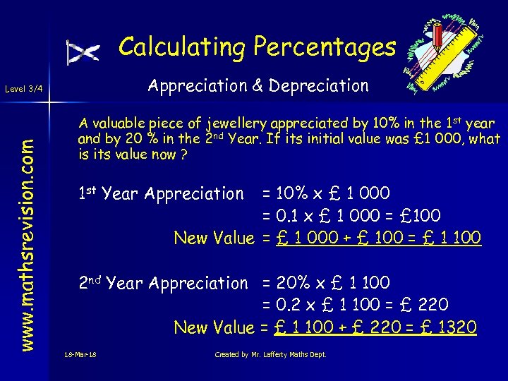 Calculating Percentages Appreciation & Depreciation www. mathsrevision. com Level 3/4 A valuable piece of