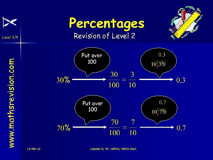 Percentages Revision of Level 2 www. mathsrevision. com Level 3/4 Put over 100 18