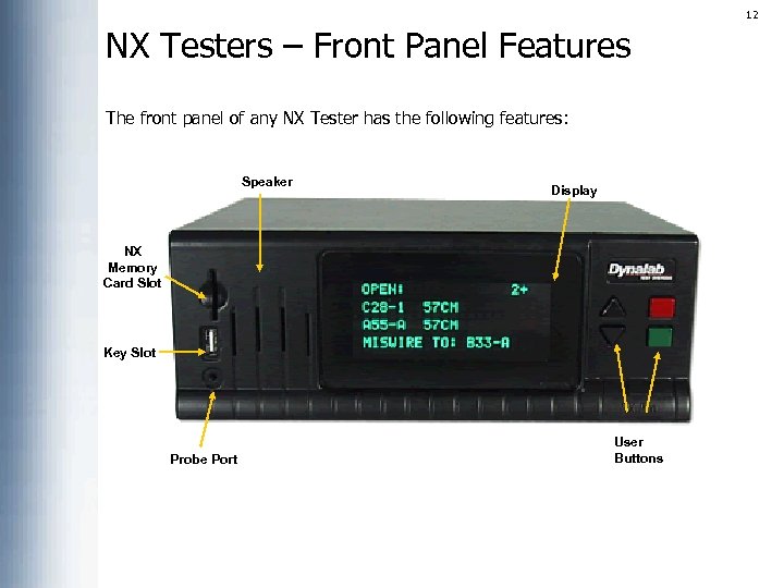 12 NX Testers – Front Panel Features The front panel of any NX Tester