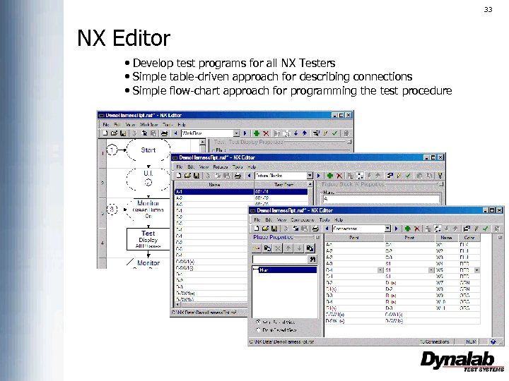 33 NX Editor • Develop test programs for all NX Testers • Simple table-driven