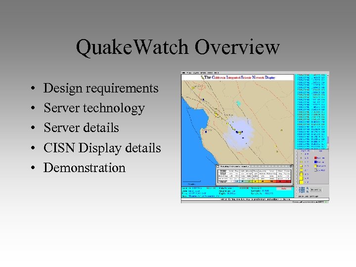 Quake. Watch Overview • • • Design requirements Server technology Server details CISN Display
