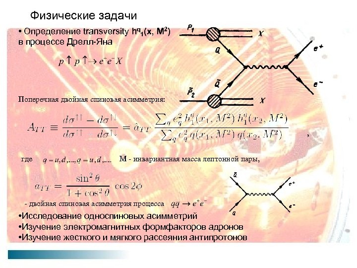Физические задачи • Определение transversity hq 1(x, M 2) в процессе Дрелл-Яна Поперечная двойная