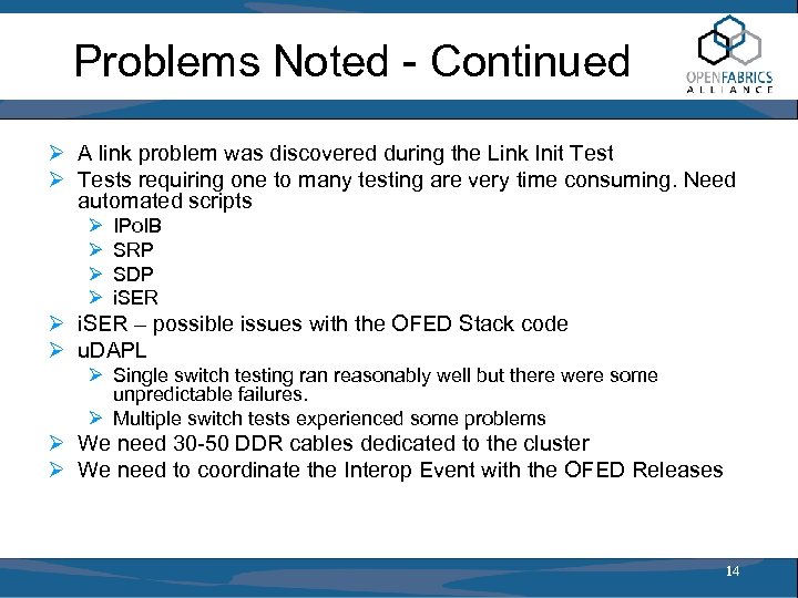 Problems Noted - Continued Ø A link problem was discovered during the Link Init