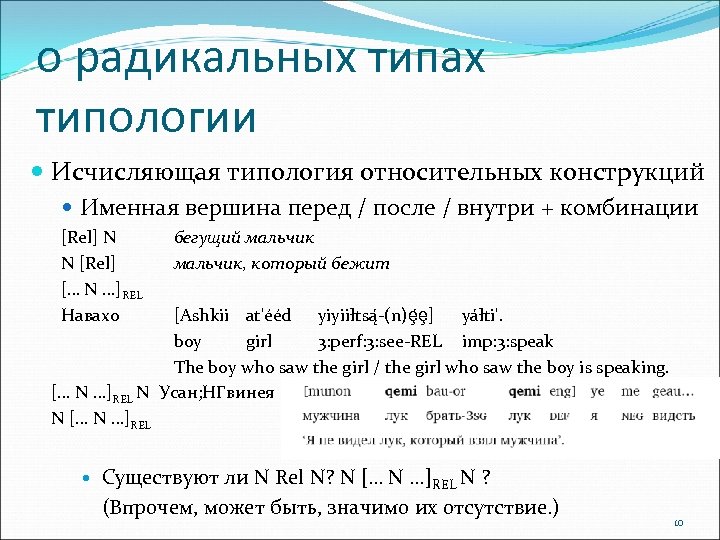 о радикальных типах типологии Исчисляющая типология относительных конструкций Именная вершина перед / после /